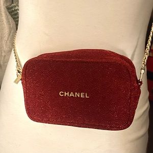 Authentic Chanel Red Glitter Small makeup pouch / mini Shoulder Bag